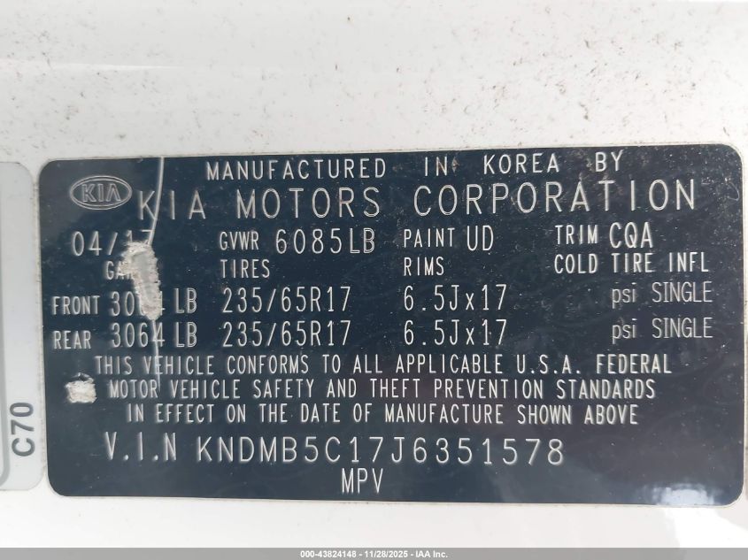 2018 Kia Sedona Lx VIN: KNDMB5C17J6351578 Lot: 43824148