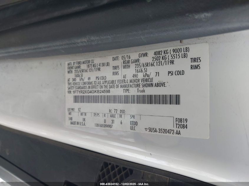 2016 Ford Transit-250 VIN: 1FTYR2XG4GKB24598 Lot: 43824152