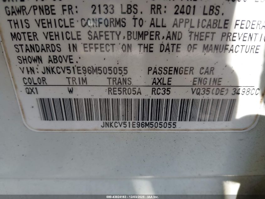 2006 Infiniti G35 VIN: JNKCV51E96M505055 Lot: 43824163