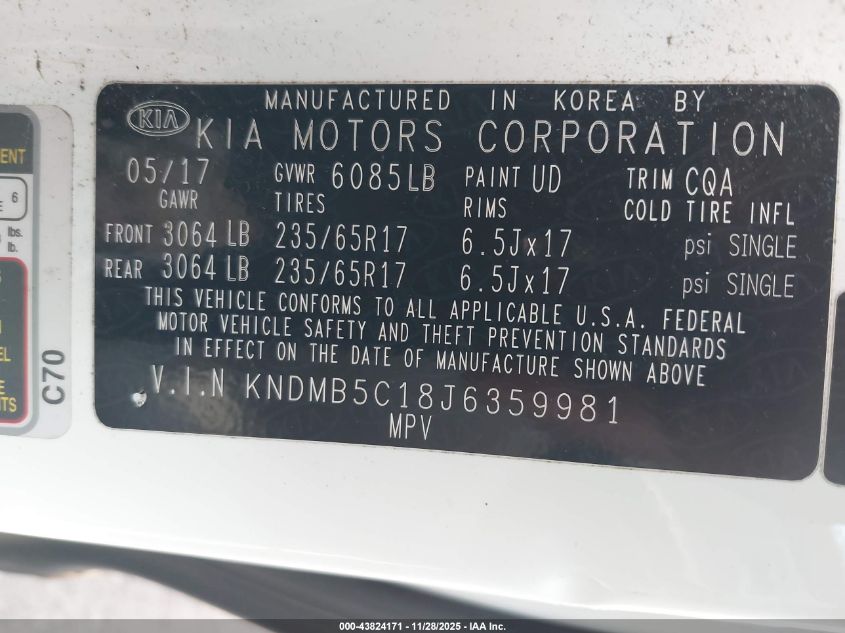 2018 Kia Sedona Lx VIN: KNDMB5C18J6359981 Lot: 43824171