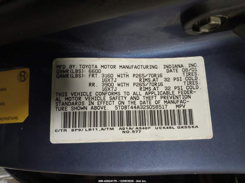 2002 Toyota Sequoia Sr5 V8 VIN: 5TDBT44A32S058517 Lot: 43824178