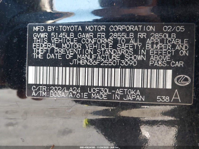 2005 Lexus Ls 430 VIN: JTHBN36F255013090 Lot: 43824188