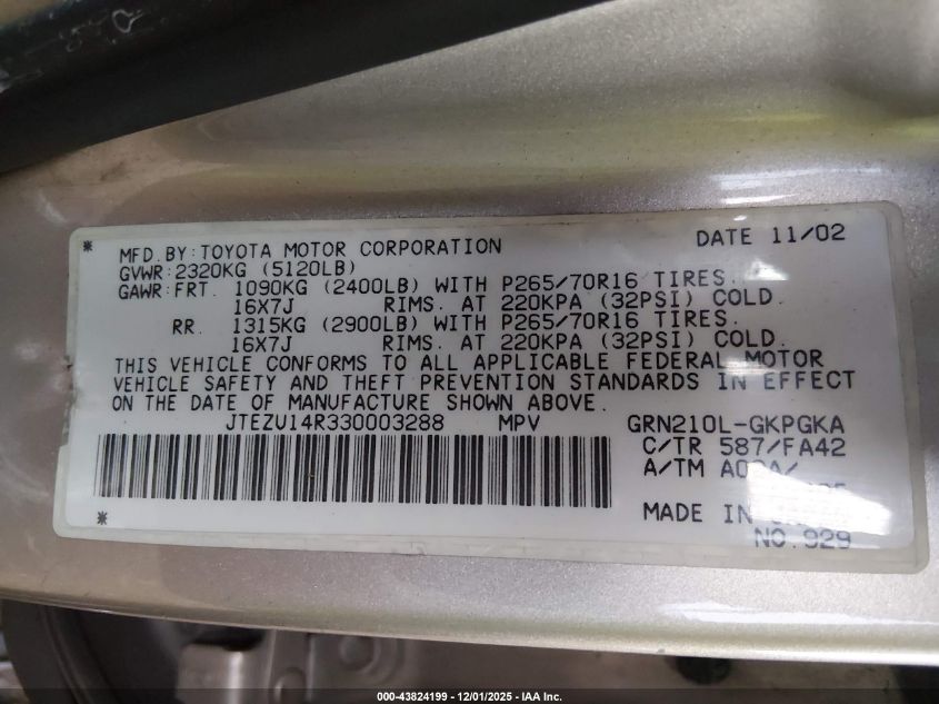 2003 Toyota 4Runner Sr5 V6 VIN: JTEZU14R330003288 Lot: 43824199
