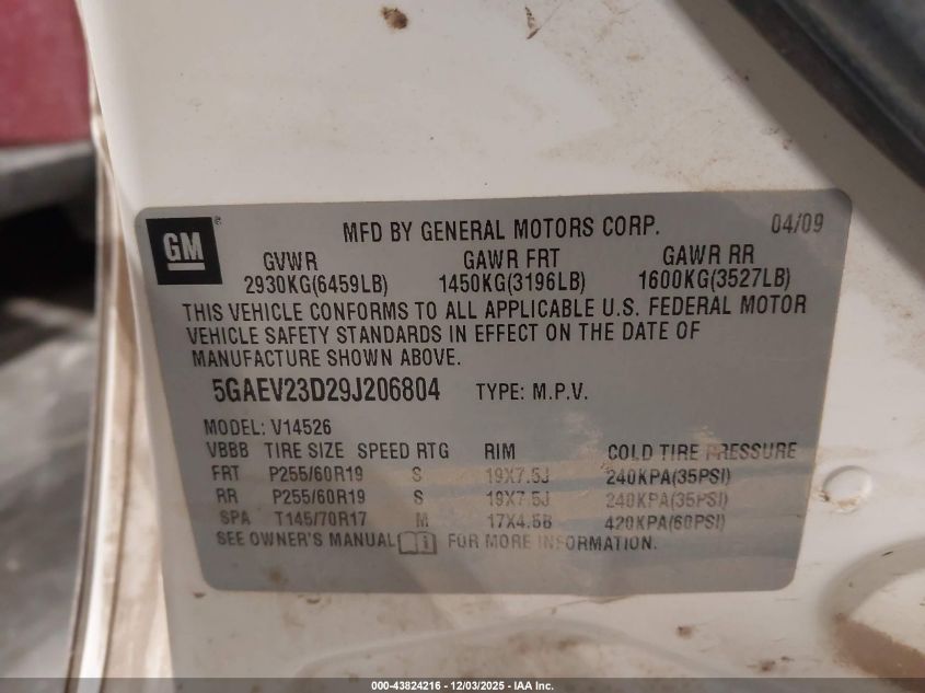 2009 Buick Enclave Cxl VIN: 5GAEV23D29J206804 Lot: 43824216