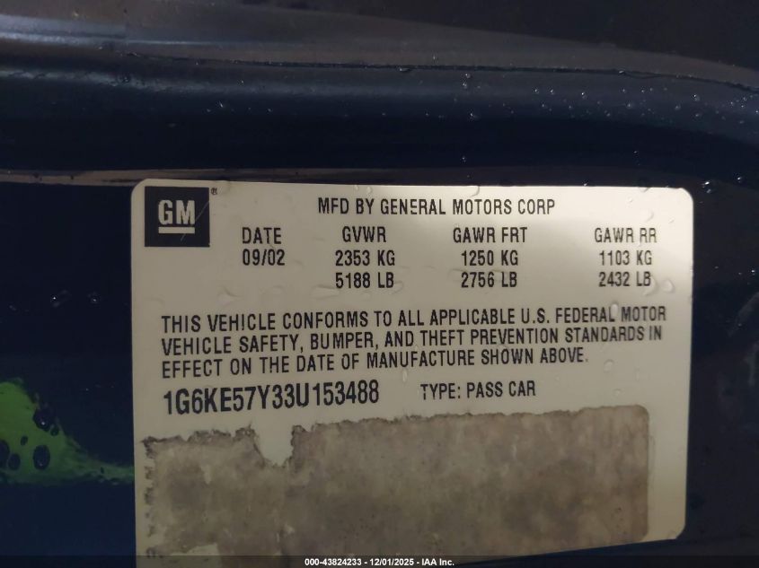 2003 Cadillac Deville Dhs VIN: 1G6KE57Y33U153488 Lot: 43824233