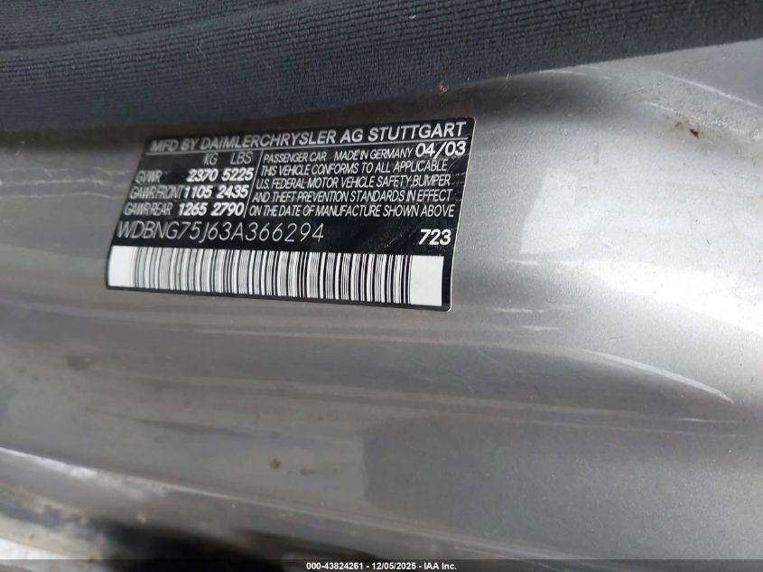 2003 Mercedes-Benz S 500 VIN: WDBNG75J63A366294 Lot: 43824261