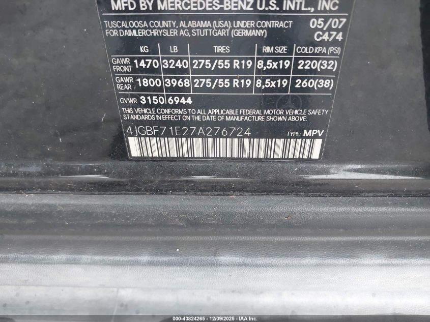 2007 Mercedes-Benz Gl 450 4Matic VIN: 4JGBF71E27A276724 Lot: 43824265
