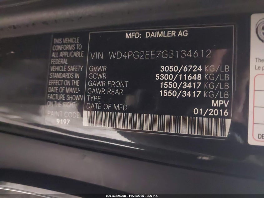 2016 Mercedes-Benz Metris VIN: WD4PG2EE7G3134612 Lot: 43824268