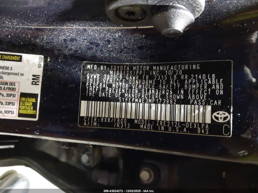 2021 Toyota Corolla Le VIN: 5YFEPMAE3MP173882 Lot: 43824272