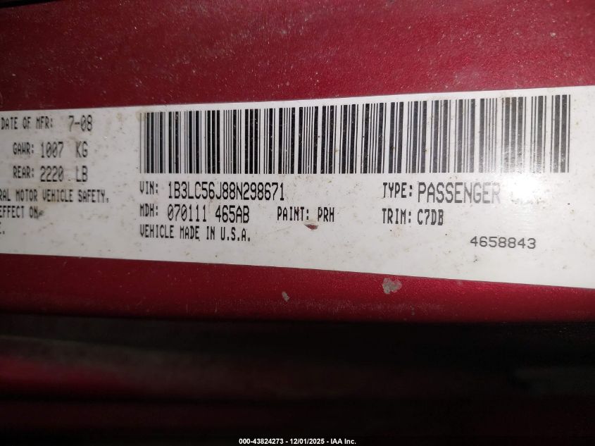 2008 Dodge Avenger Sxt VIN: 1B3LC56J88N298671 Lot: 43824273