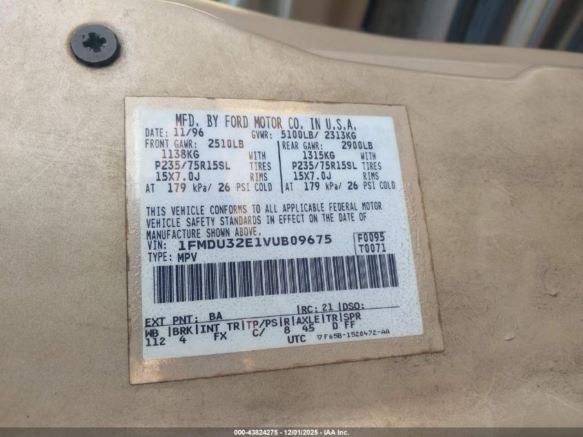 1997 Ford Explorer Eddie Bauer/Limited/Xl/Xlt VIN: 1FMDU32E1VUB09675 Lot: 43824275