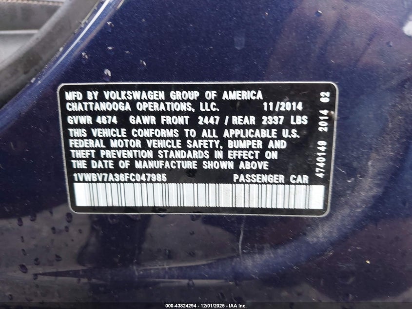 1VWBV7A36FC047985 2015 VOLKSWAGEN PASSAT photo no. 9