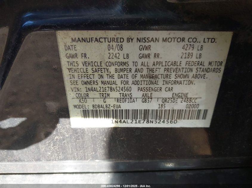 2008 Nissan Altima 2.5 S VIN: 1N4AL21E78N524560 Lot: 43824298