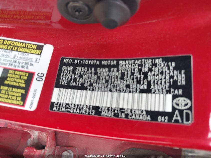 2019 Toyota Corolla Le VIN: 2T1BURHE1KC170152 Lot: 43824313