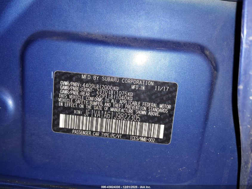 2018 Subaru Wrx VIN: JF1VA1A61J9822305 Lot: 43824330