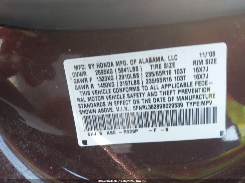 2009 Honda Odyssey Lx VIN: 5FNRL38289B029539 Lot: 43824336