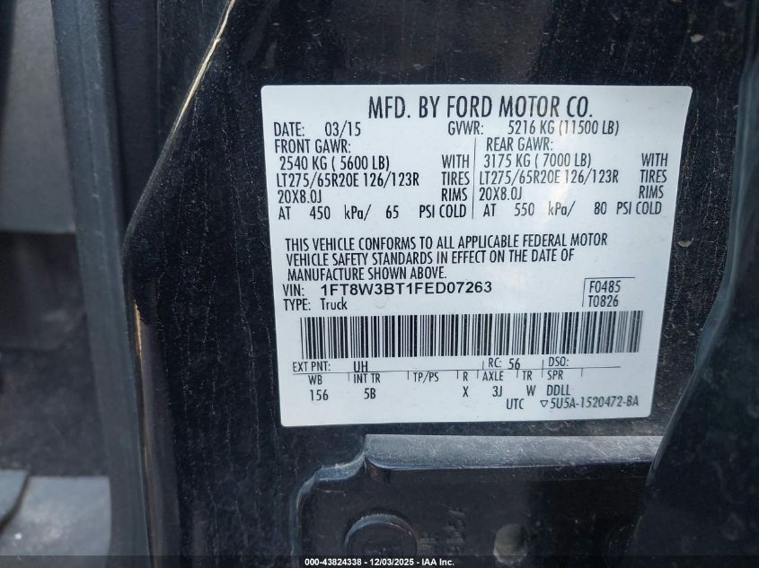 2015 Ford F-350 Lariat VIN: 1FT8W3BT1FED07263 Lot: 43824338