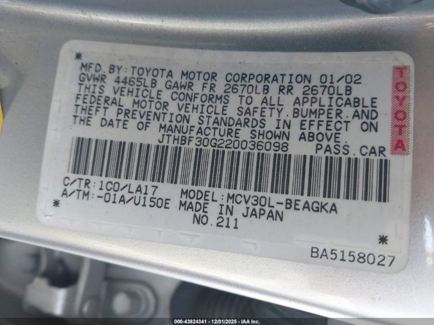 2002 Lexus Es 300 VIN: JTHBF30G220036098 Lot: 43824341