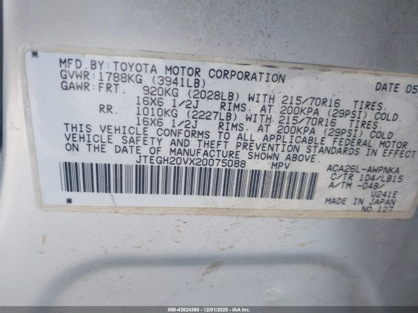 2002 Toyota Rav4 VIN: JTEGH20VX20075088 Lot: 43824369
