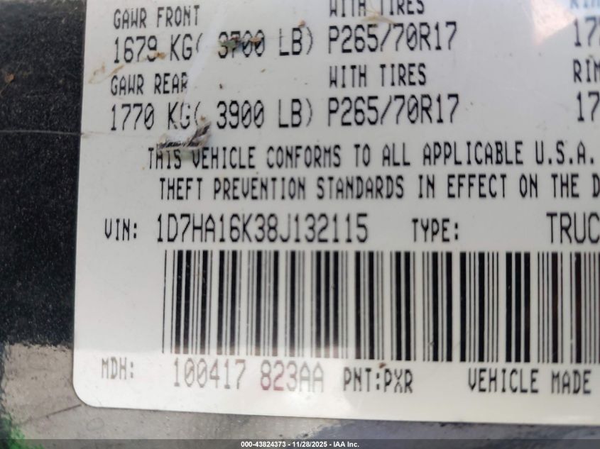 2008 Dodge Ram 1500 St/Sxt VIN: 1D7HA16K38J132115 Lot: 43824373