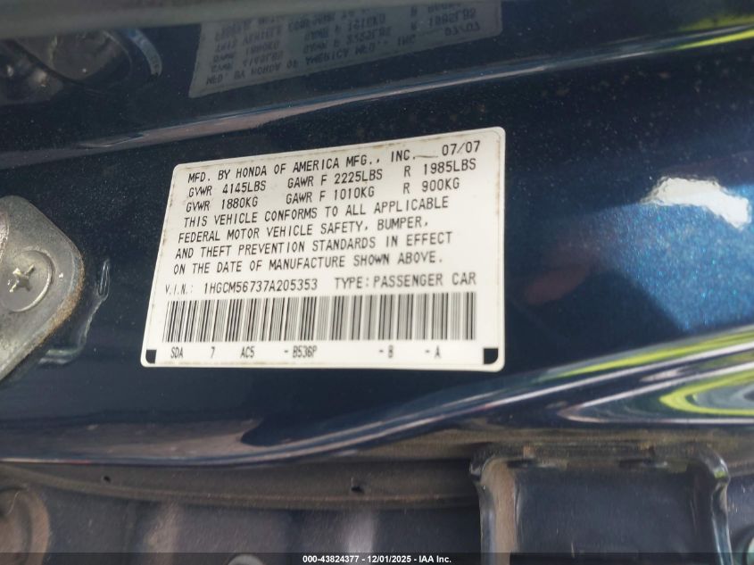2007 Honda Accord 2.4 Ex VIN: 1HGCM56737A205353 Lot: 43824377
