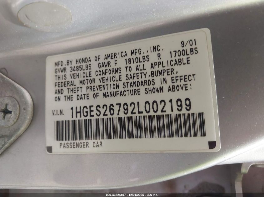 2002 Honda Civic Ex VIN: 1HGES26792L002199 Lot: 43824407