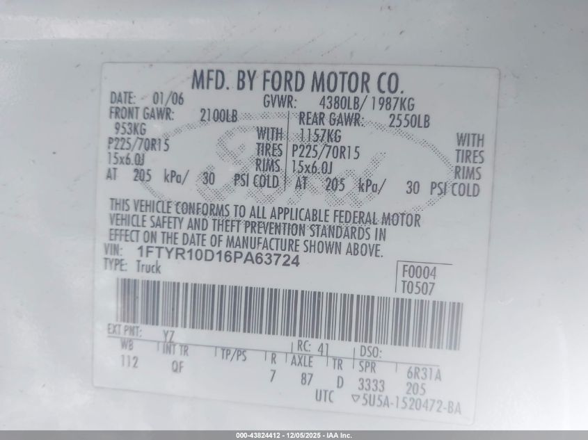 2006 Ford Ranger Xl/Xlt VIN: 1FTYR10D16PA63724 Lot: 43824412