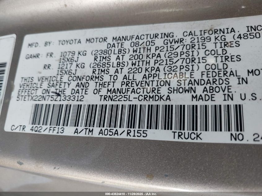 2005 Toyota Tacoma VIN: 5TETX22N75Z133312 Lot: 43824418