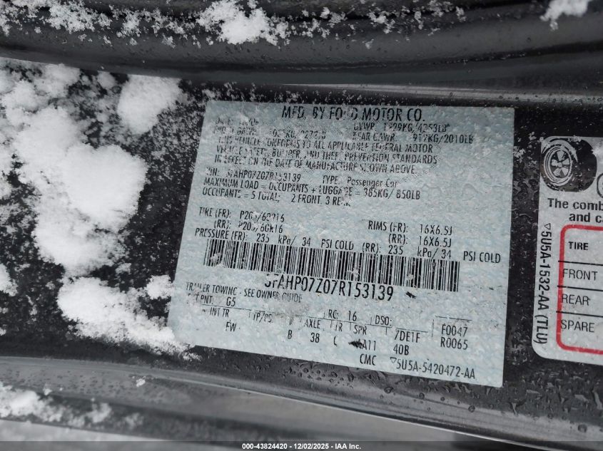 2007 Ford Fusion Se VIN: 3FAHP07Z07R153139 Lot: 43824420