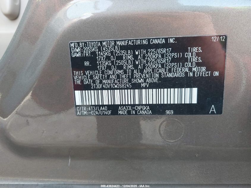 2012 Toyota Rav4 Limited VIN: 2T3DF4DV1CW268245 Lot: 43824423