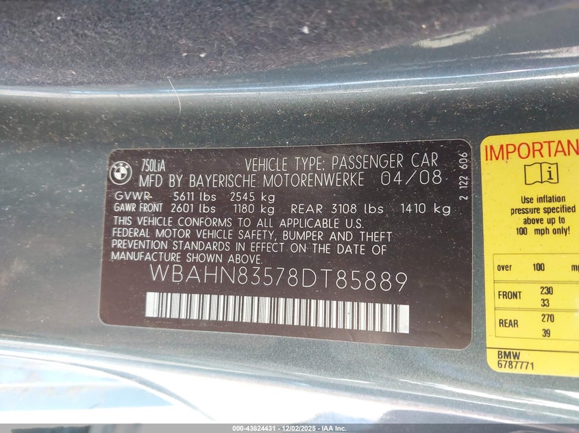 WBAHN83578DT85889 2008 BMW 7ER photo no. 9