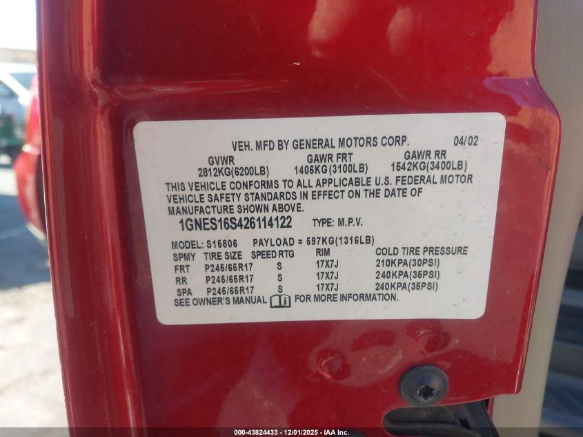 2002 Chevrolet Trailblazer Ext Lt VIN: 1GNES16S426114122 Lot: 43824433