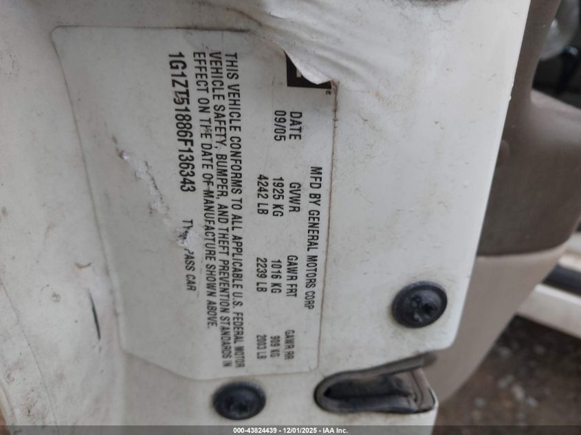 2006 Chevrolet Malibu Lt VIN: 1G1ZT51886F136343 Lot: 43824439