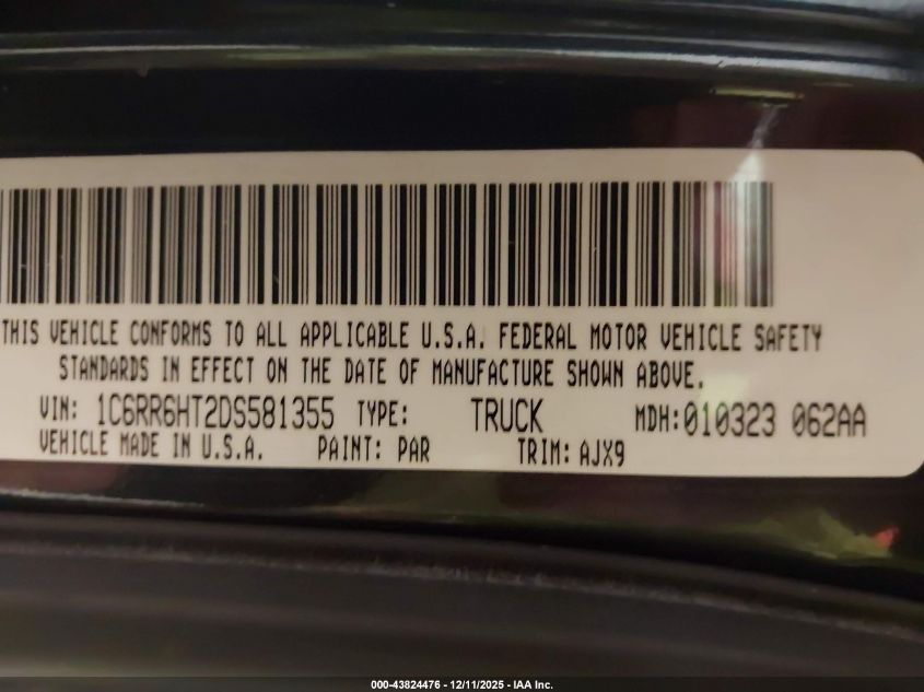 2013 Ram 1500 Sport VIN: 1C6RR6HT2DS581355 Lot: 43824476