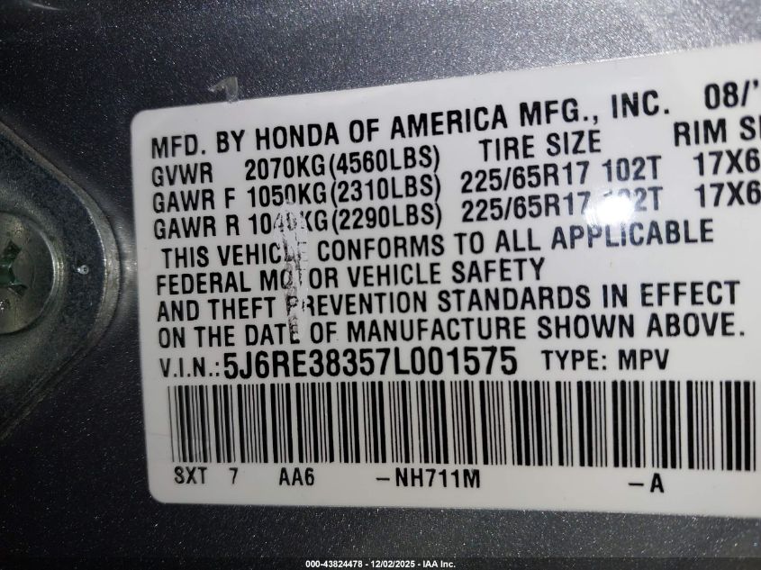 2007 Honda Cr-V Lx VIN: 5J6RE38357L001575 Lot: 43824478