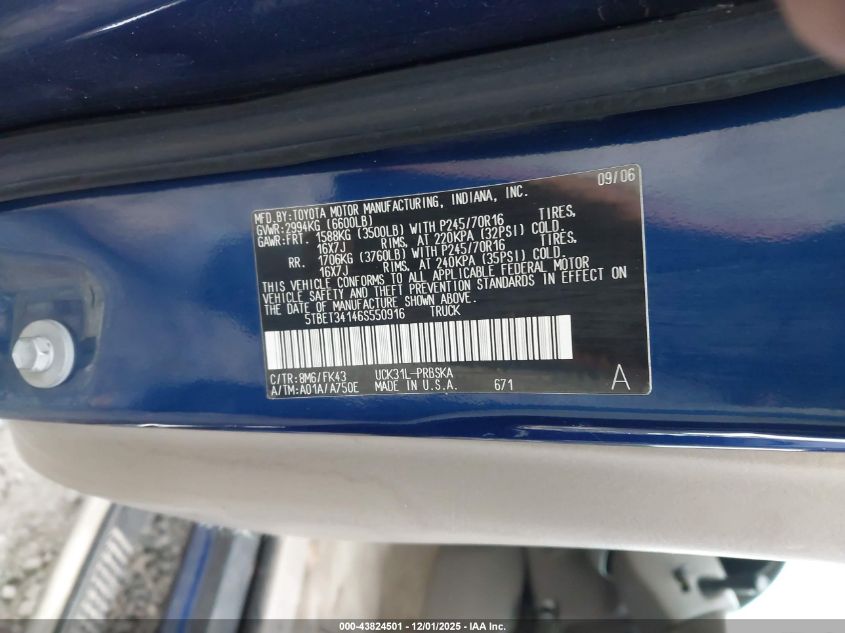 2006 Toyota Tundra Sr5 V8 VIN: 5TBET34146S550916 Lot: 43824501