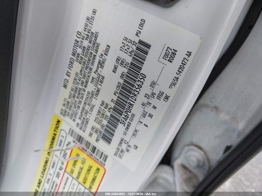 2013 Ford Fusion Se VIN: 3FA6P0HR1DR356350 Lot: 43824502