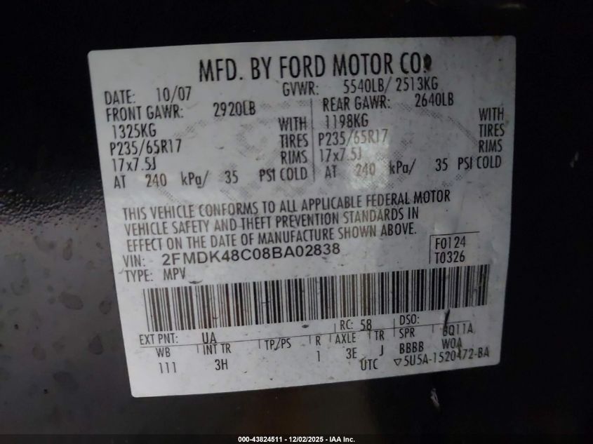 2008 Ford Edge Sel VIN: 2FMDK48C08BA02838 Lot: 43824511