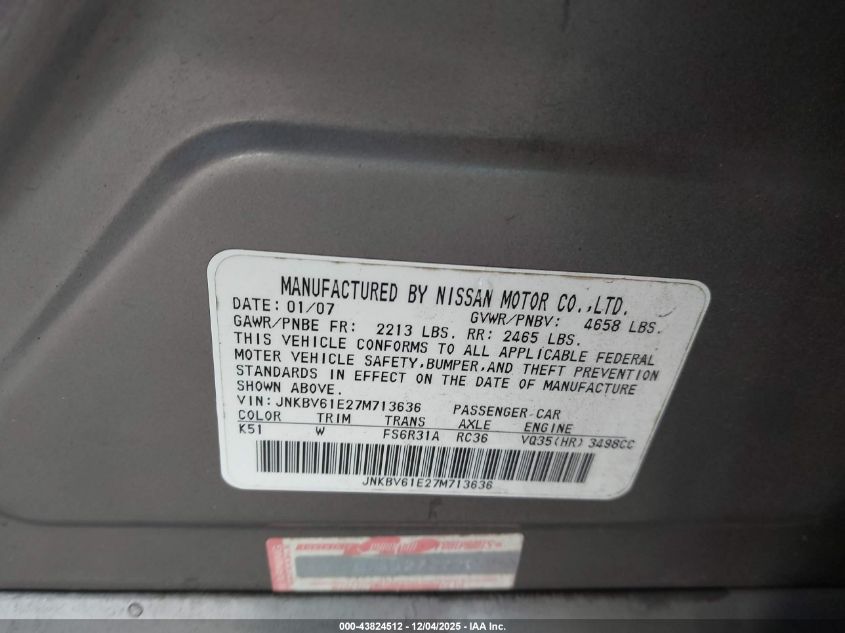 2007 Infiniti G35 Sport W/6-Speed Manual VIN: JNKBV61E27M713636 Lot: 43824512