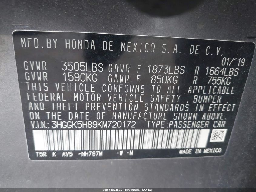 2019 Honda Fit Ex VIN: 3HGGK5H89KM720172 Lot: 43824535