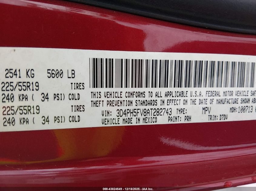 2010 Dodge Journey Sxt VIN: 3D4PH5FV8AT282743 Lot: 43824549