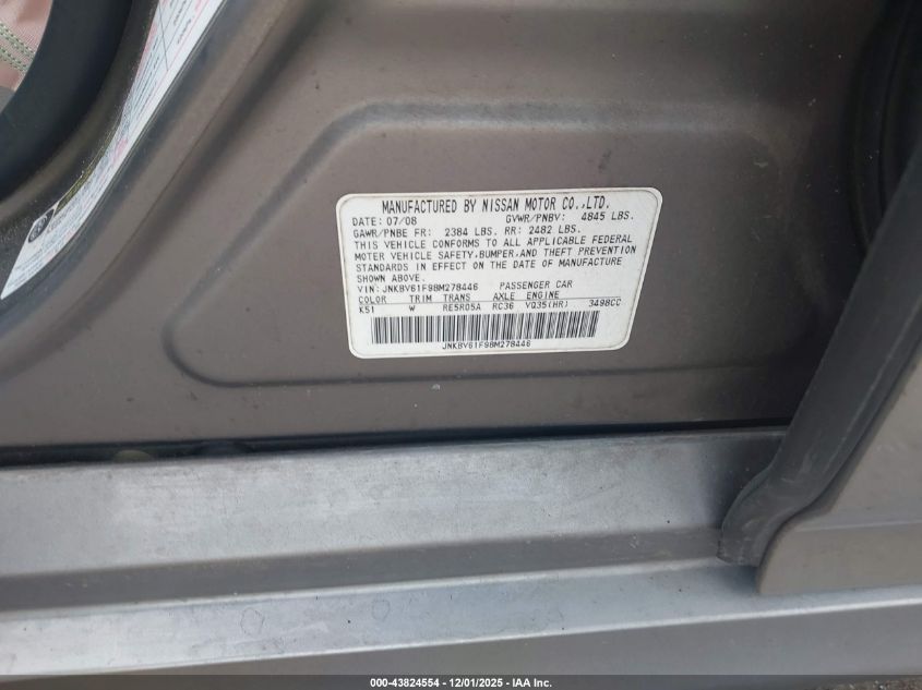 2008 Infiniti G35X VIN: JNKBV61F98M278446 Lot: 43824554