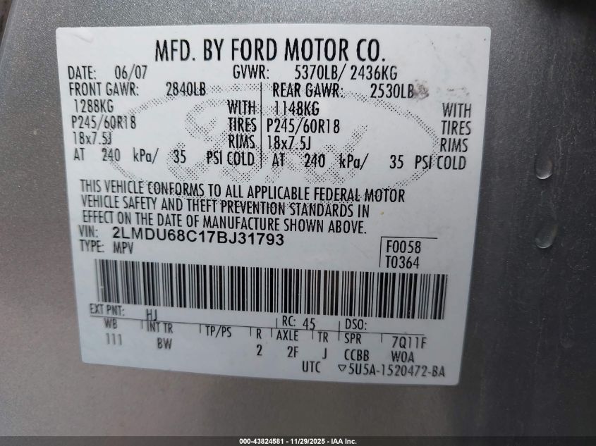 2007 Lincoln Mkx VIN: 2LMDU68C17BJ31793 Lot: 43824581