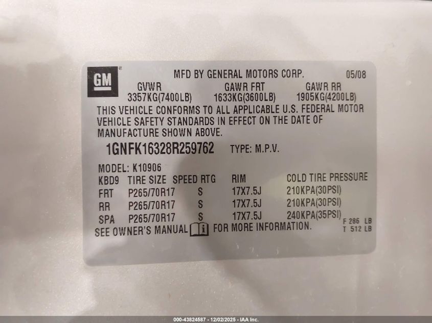 2008 Chevrolet Suburban 1500 Lt VIN: 1GNFK16328R259762 Lot: 43824587