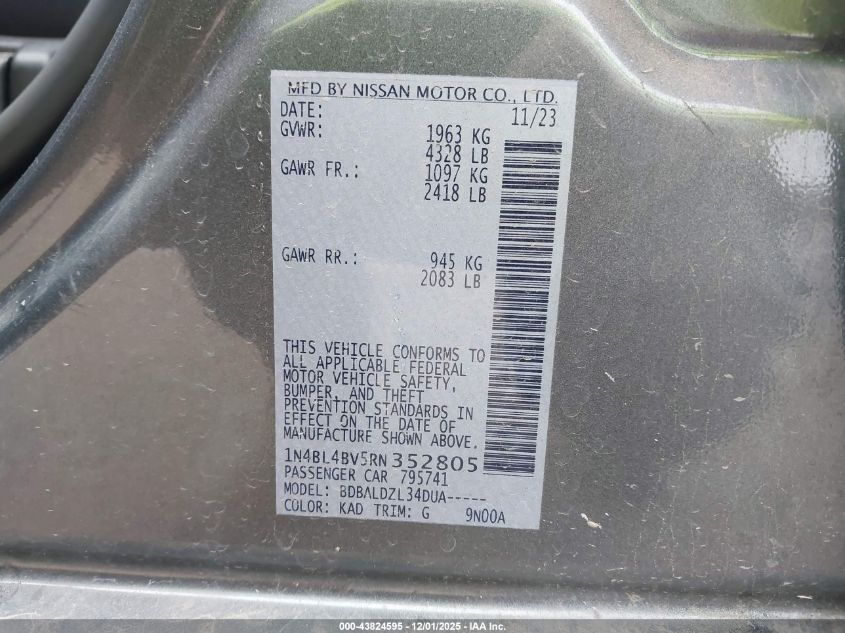 2024 Nissan Altima S Fwd VIN: 1N4BL4BV5RN352805 Lot: 43824595