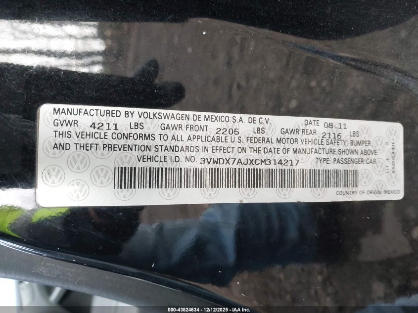 2012 Volkswagen Jetta 2.5L Se VIN: 3VWDX7AJXCM314217 Lot: 43824634