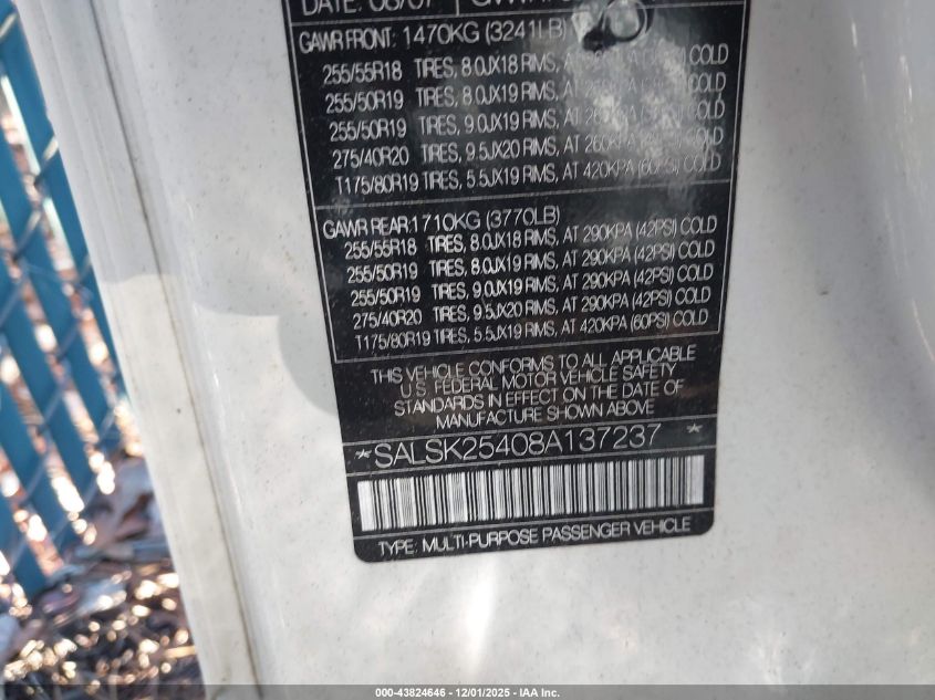 2008 Land Rover Range Rover Sport Hse VIN: SALSK25408A137237 Lot: 43824646