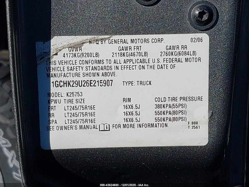 2006 Chevrolet Silverado 2500Hd Lt3 VIN: 1GCHK29U26E215907 Lot: 43824650