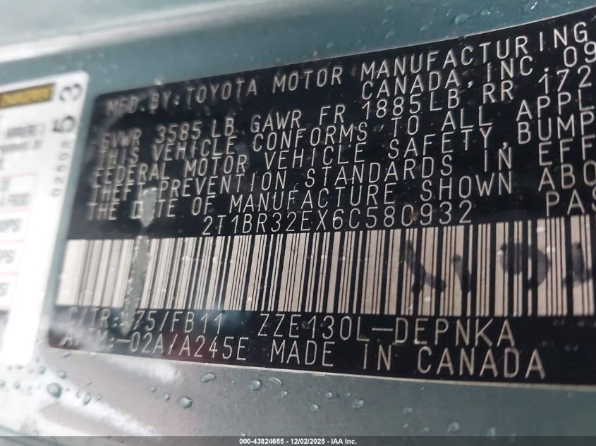 2006 Toyota Corolla Le VIN: 2T1BR32EX6C580932 Lot: 43824655