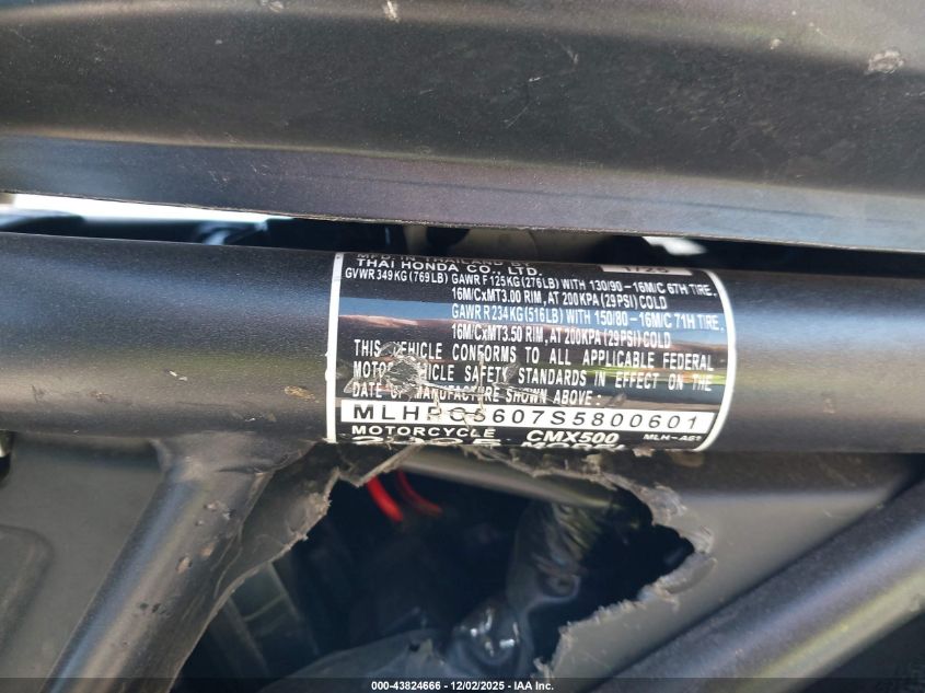 2025 Honda Cmx500 VIN: MLHPC5607S5800601 Lot: 43824666